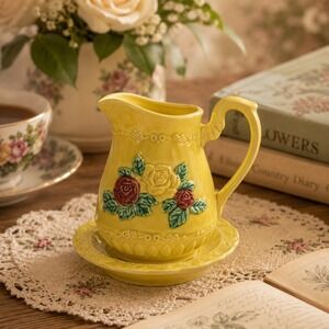 VTG Norleans Japan Yellow Creamer & Underplate Raised Rose Cottagecore